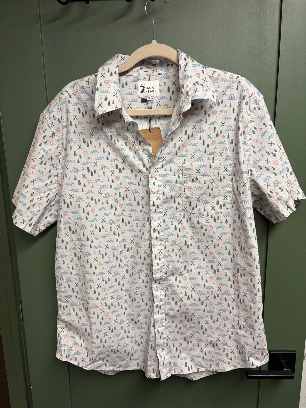 Men's Short-Sleeve Printed Button-Up Shirt - Cream with Blue & Pink Accents